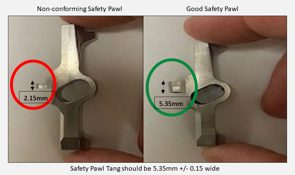 Safety Pawl Tang should be 5.35mm +/‐ 0.15 wide